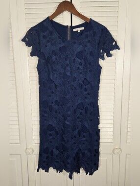 Ezra Navy Blue Floral Macabre Lace Sheath Scalloped Hemline Mini Dress Sz S